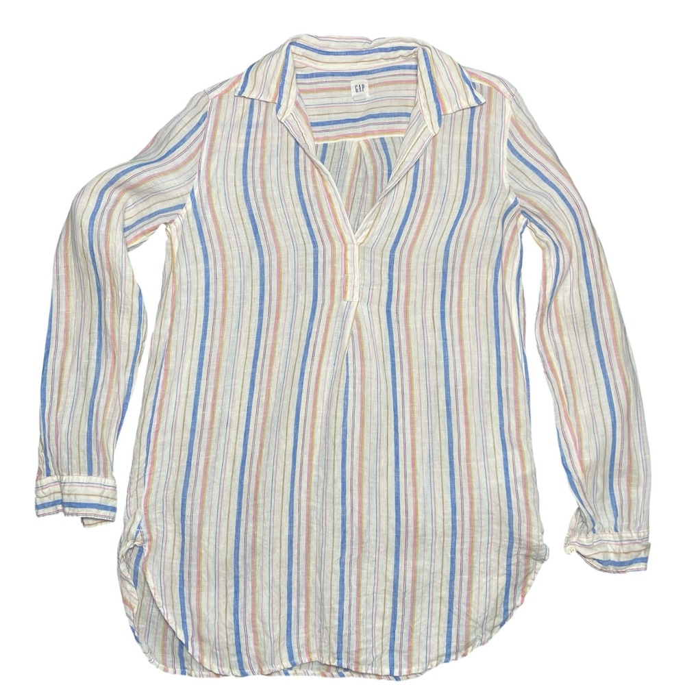 Gap Womens 100% Linen Striped Tunic Dress Split Neck Long Sleeve Size‎ XS